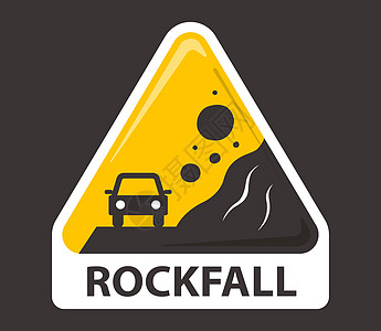 黄色标志警告岩石坠落 石头落在车上落石安全损害风险悬崖高地驾驶三角形冒险运输图片