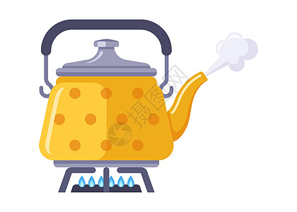 水壶站在煤气炉子和沸水上 为茶准备热水图片