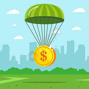 一枚硬币落在降落伞上 从危机中投保了资金图片