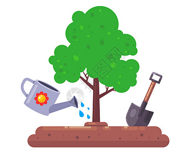 种一棵天然的树 铲子和浇水罐 用于园圃 水厂图片