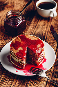 煎饼和果汁果浆果酱饮食蛋糕早餐覆盆子午餐浆果配料食物咖啡油条图片