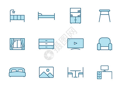 用于网络设计 ui 移动应用程序和打印的家具蓝色图标   info plain status灯光卫生间房子电脑椅图书馆办公椅桌子图片