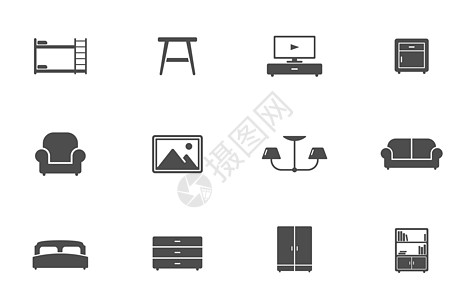 家具剪影矢量图标上白色孤立 为 web 移动应用程序 ui 设计和打印设置的家具图标卧室电视商业房子洗澡网络办公椅图书馆字形沙发图片