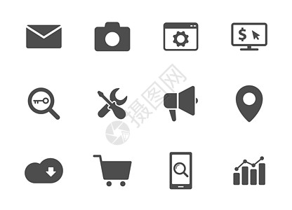 seo 剪影矢量图标上白色孤立 为 web 移动应用程序 ui 设计和打印设置的搜索引擎优化图标电子邮件图表电子商务技术软件销售图片