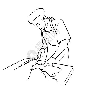 男性厨师笑着用刀子在切肉区块上吃肉 将白色背景线艺术所隔离的矢量插图手画出来图片