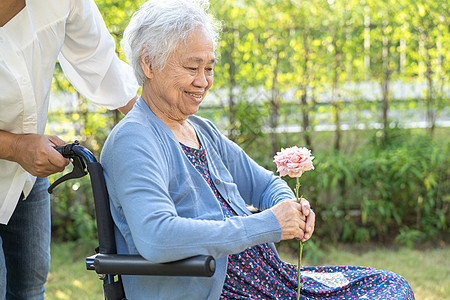 帮助在公园轮椅上拿着红玫瑰的亚洲老人或老年老太婆妇女红玫瑰医院玫瑰女性退休全景椅子车轮花园护士护理图片