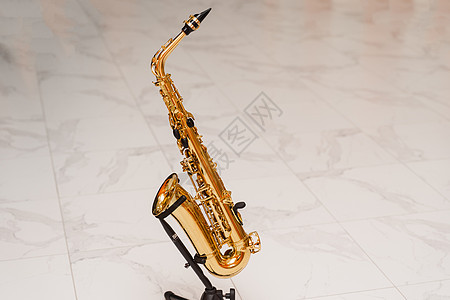 萨克斯音乐乐器在白色背景的摊位上 萨克斯乐器用来玩爵士乐金子金属铜管黑色乐队灵魂工作室青铜黄铜艺术图片