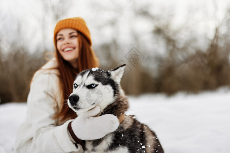 雪上散步的女狗和女狗玩休闲游戏图片