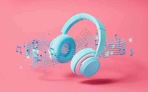 耳机游戏耳机 3D翻接 听音频电子设备扬声器渲染收音机音乐立体声粉色青色木板交响乐旋律图片