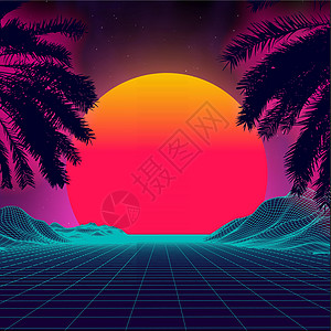 在海滩上的 3d 日落 复古手掌矢量科幻背景 数字景观网络表面  80 年代派对背景椰子星系紫色合成器激光技术棕榈热带城市游戏图片