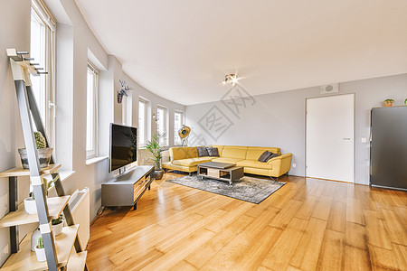 宽敞的客厅和黄色大沙发的概览阳台地毯住宅桌子扶手椅木头电视建筑学枝形长椅图片