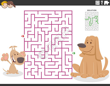 与卡通母亲狗和小狗狗玩迷彩游戏解决方案孩子们幼儿园婴儿乐趣妈妈资产小路工作簿插图图片