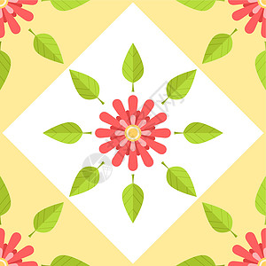 带有红花和绿叶的几何方形图案背景图片