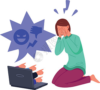 在笔记本电脑附近哭泣 网络虐待 矢量插图等受压抑的女孩图片