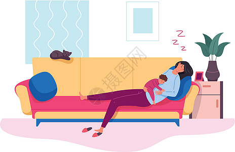 父母压力 疲累的母亲睡在沙发上的婴儿 矢量插图图片