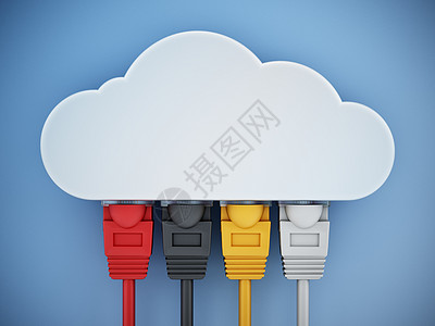 连接到云形状的多彩网络电缆 3D 插图局域网路由器中心技术电脑服务服务器贮存云计算数据库图片