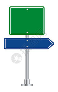 绿色道路路标的绿色方向标志 空白的道路箭头蓝板图片