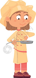 装在盘子里极简的树莓女孩在煎锅里调料食物 可爱的卡通厨师孩子设计图片