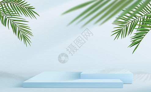 带有一组蓝色调方形基座的抽象简约背景 空荡荡的讲台 用于展示带有热带棕榈叶装饰的产品背景图片