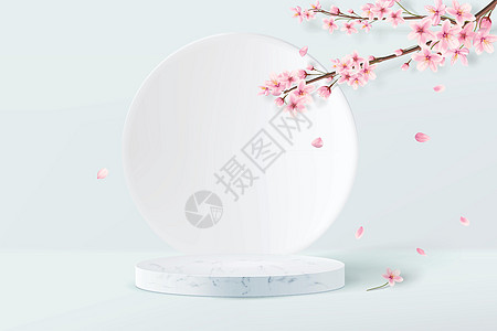 3D 插图以柔和的颜色显示 有一个空的讲台和一个带花瓣的樱花分支 用于产品演示 背景上有逼真的圆圈 用于展示化妆品和其他商品的开图片