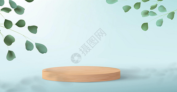 用于产品展示的木制讲台 蓝色背景与绿色树叶和用于展示化妆品的空基座 您的演示文稿的现实布局图片