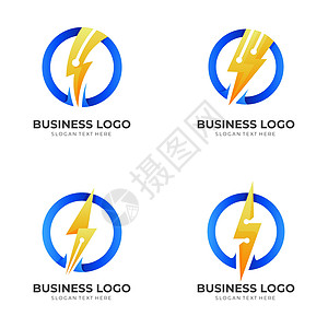 设置雷电技术标志 雷电和技术 具有 3d 蓝色和黄色颜色样式的组合标志图片