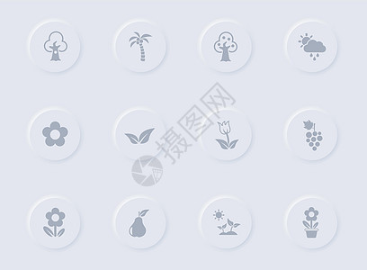 植物圆形橡胶按钮上的灰色矢量图标 为网络 移动应用程序 用户界面设计和促销业务测绘术设置的植物图标图片