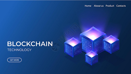 区块链技术等距横幅 带有数字加密货币概念的 3d 霓虹灯矢量插图 块连接网络 数据服务器插图图片