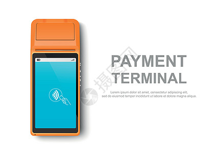 矢量逼真的橙色 3d 触摸 NFC 移动支付机 在白色隔绝的POS终端特写镜头 银行支付无线非接触式终端设计模板 样机 支付设备图片