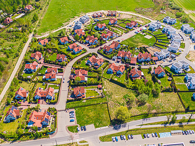 豪华高档住宅区的空中景象 社区街道有大门的街区公用地产 单户家庭房屋布砖面彩色院子绿化风俗园林日落阳光单亲建筑学蓝色房子背景图片