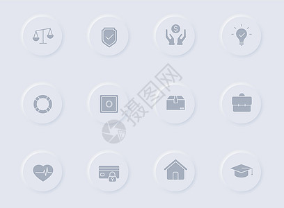 圆形橡胶按钮上的保险灰色矢量图标 为 web 移动应用程序 ui 设计和促销业务测绘术设置的保险图标订金保险箱用户货物图标集知识图片