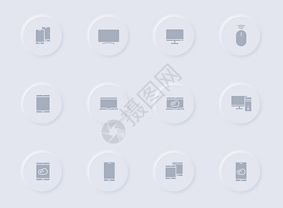 圆形橡胶按钮上的智能设备灰色矢量图标 为 web 移动应用程序 ui 设计和促销业务测绘术设置的智能设备图标网站界面标识屏幕监视图片