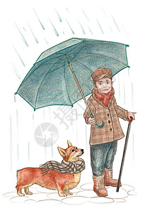 水彩图 一个可爱的男孩站在雨伞下 在狗旁边 下雨 秋天 11月 (笑声)图片
