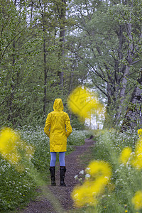 春生带黄雨衣和橡胶靴的年轻女青年天气公园衣服裙子女士季节女性下雨雨鞋橡皮图片
