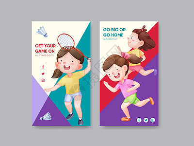 带有美国运动儿童概念 水彩色风格的Instagram模板媒体健身房活动社区插图团体女士营销孩子们广告图片