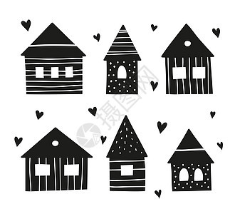 一套斯堪的纳维亚式的涂鸦屋装饰城市卡片村庄绘画艺术建筑孩子们白色黑色图片