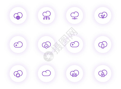 云计算紫色轮廓矢量图标上带有紫色阴影的浅色圆形按钮 为 web 移动应用程序 ui 设计和打印设置的云计算图标互联网用户安全技术图片