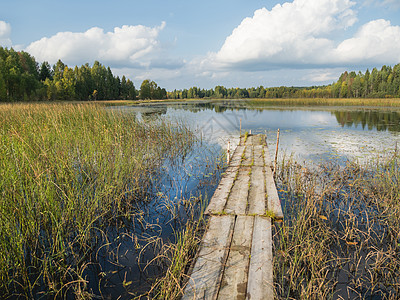 水清澈在肯诺零湖上停泊船只的木质固定装置 美丽的清澈的水和秋天自然风景 俄罗斯背景