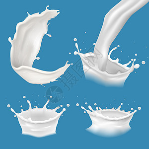 现实的牛奶或奶粉喷溅和蓝背景上的流动图片