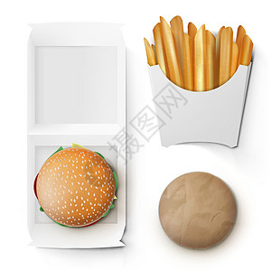 快速食品白纸汉堡和法国薯条采取快餐袋包图片