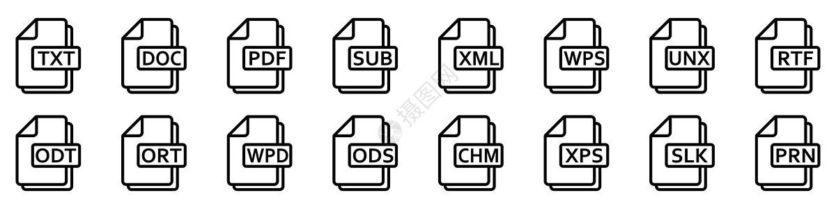 文本文件格式图标 不同文本文档的矢量线性图标集白色标识消耗品网络床单文本文件互联网电脑黑色插图图片