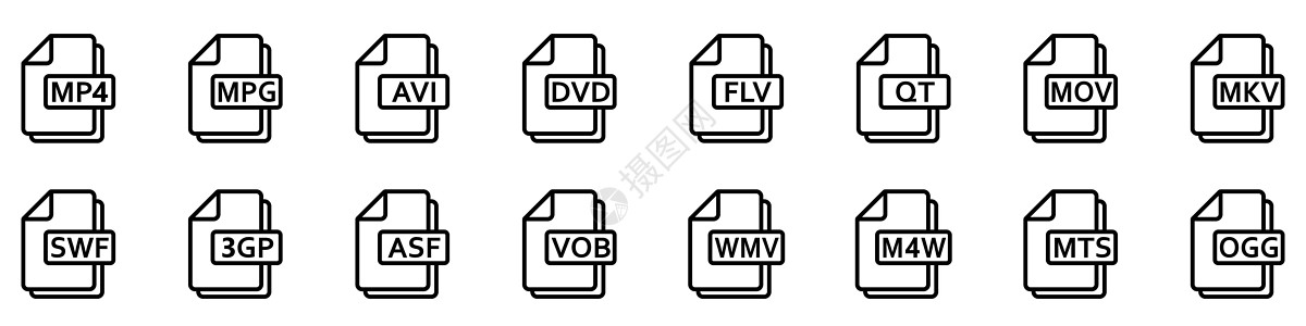 视频文件格式 矢量线性图标 视频文件图标黑色下载程序绘画文档艺术数据文件夹质量文件名图片