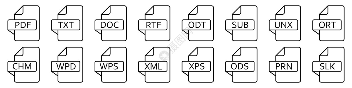文本文件格式图标 不同文本文档的矢量线性图标集文本文件消耗品标识公关床单插图黑色电脑白色网络图片
