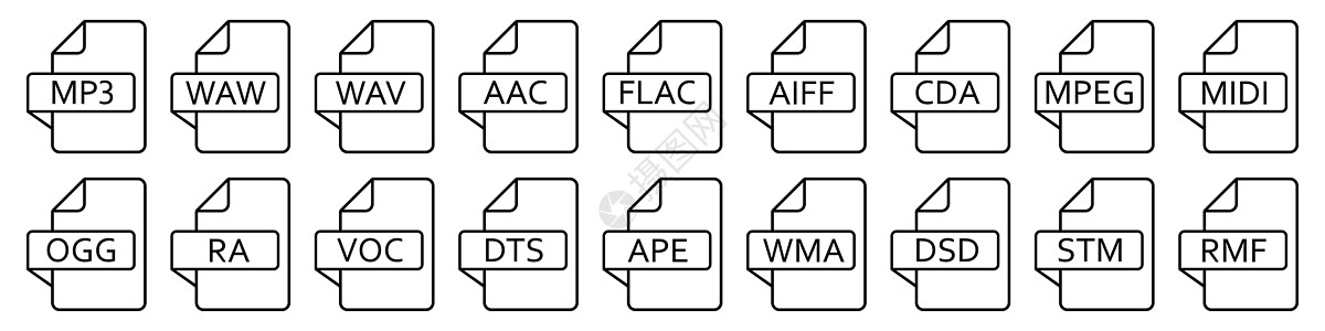 音频文件格式 矢量线性图标 音频文件图标插图音乐黑色绘画收藏视频质量文档压缩网络图片