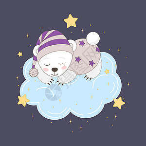 可爱的小熊睡在云彩卡通风格上背景图片