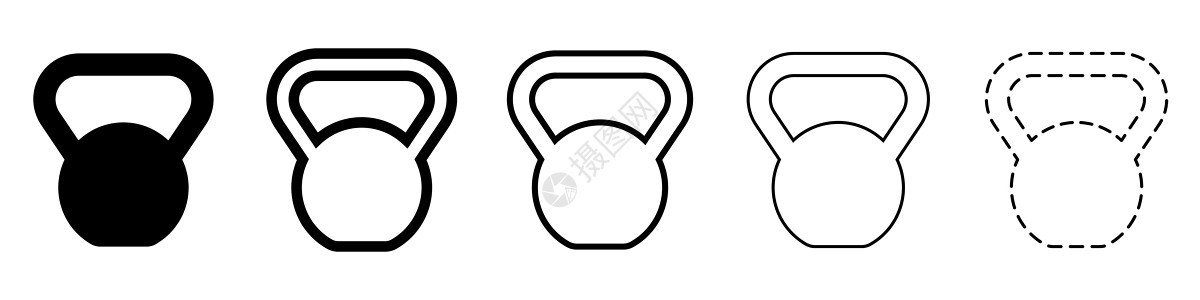 Kttlebell 图标 不同的 kttell Ktalbell 用于体育厅 黑色线性符号金属身体运动重量训练健身房建筑插图哑铃图片