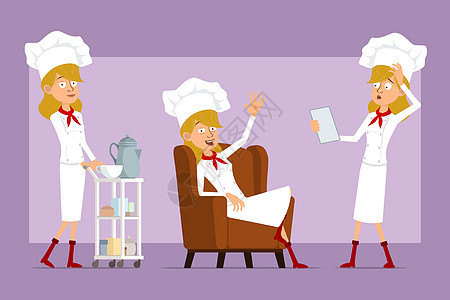 卡通平板厨师烹饪女孩性格矢量组合阅读沙发咖啡女士快乐工作微笑服务动画片休息图片