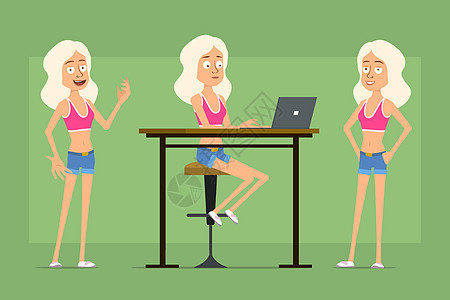 卡通平板有趣的运动女运动员角色组合冒充假期工作女士办公室金发女郎椅子网络手势微笑图片