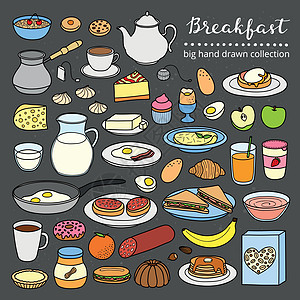 一套手画早餐盘餐厅杯子果汁橙子咖啡店涂鸦羊角食物饮料水果图片
