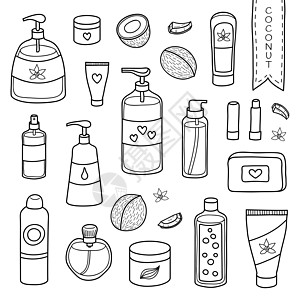 一组手画的美容品和椰子洗剂品牌广告女性牛奶异国瓶子卫生皮肤液体图片